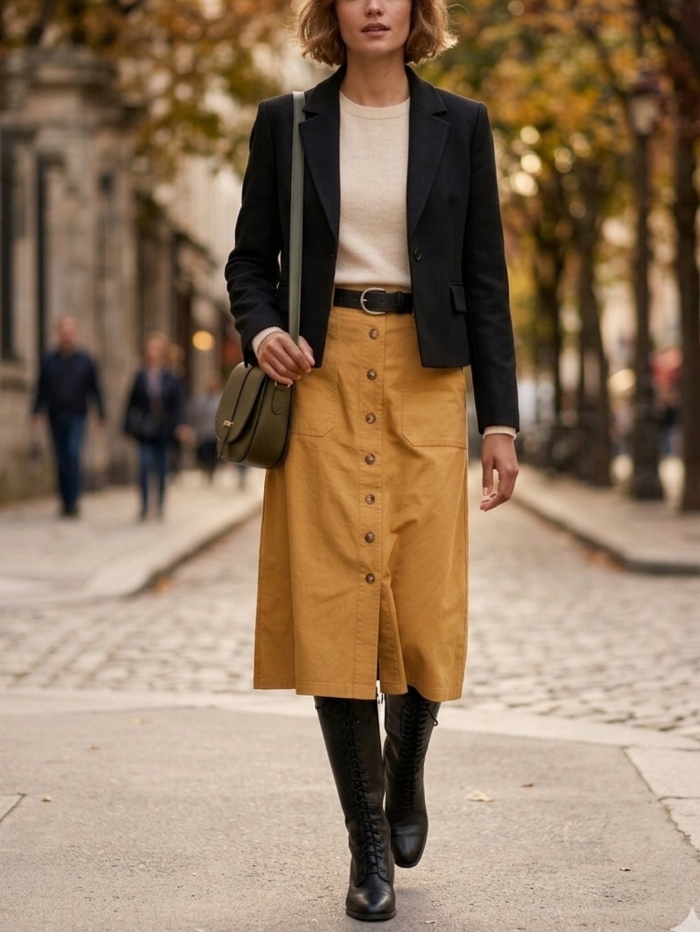 FRNCH Paris High Waist Button Front Utility A Line Midi Skirt S W28 Mustard NWT